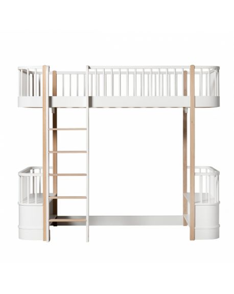 Oliver Furniture - Wood Low loft bed with 2 benches - White - 90x200 cm