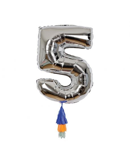 Meri Meri - Ballon chiffre 5 Argent et Pompons