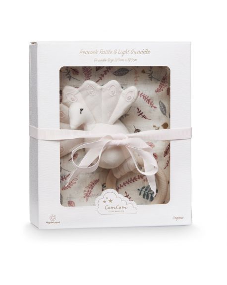 CAM CAM COPENHAGEN - Gift Box with Printed Swaddle and Peacock Rattle - Grey Wave