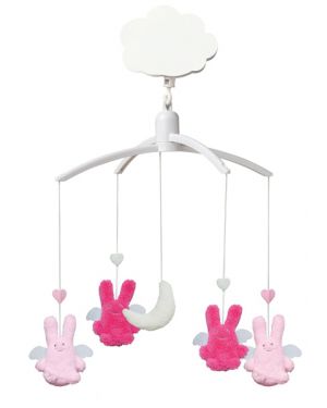 TROUSSELIER - MUSICAL MOBILE FOR COT OR PLAYPEN - Fuchsia & Pink Angels rabbits 